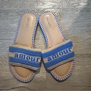 Blue Cream Sandals with Decorative Stitching